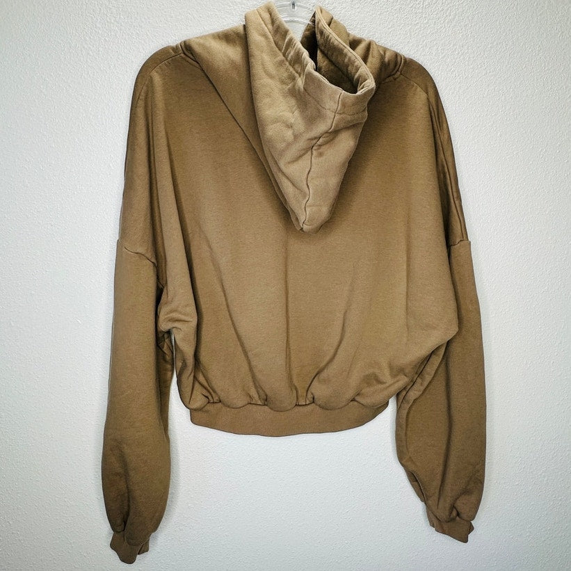 Popflex Tan Taupe Kangaroo Pocket Drop Shoulder Crop Pullover Hoodie S/M