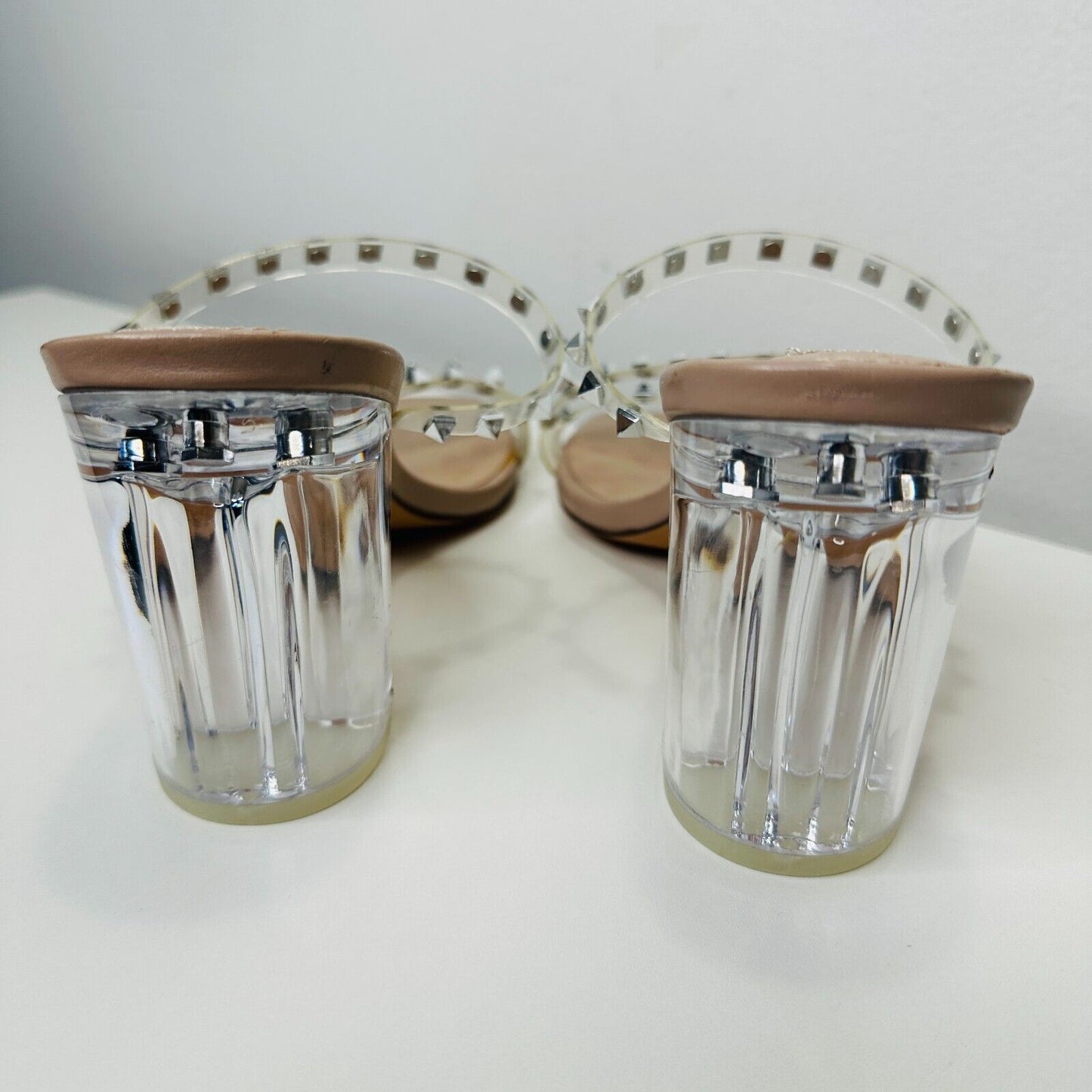 Steve Madden Nude Lucite Tangent Cone Heel Clear Silver Studded Strappy Sandal 9