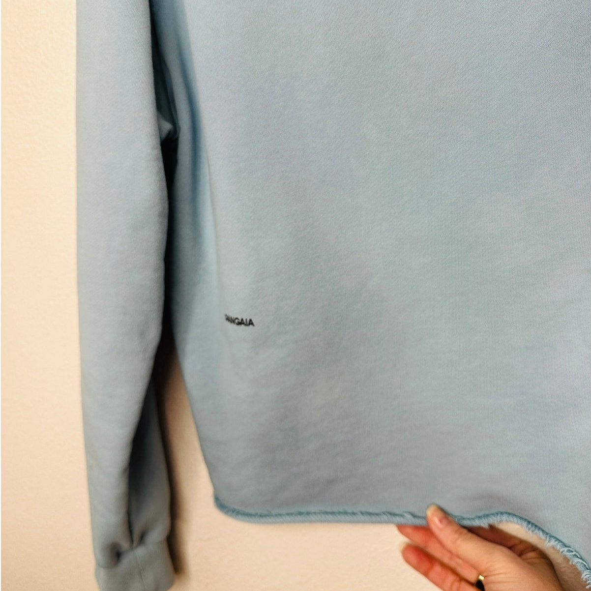 Pangaia Light Blue Long Sleeve Raw Cut Cropped Hem Round Neck Sweater S