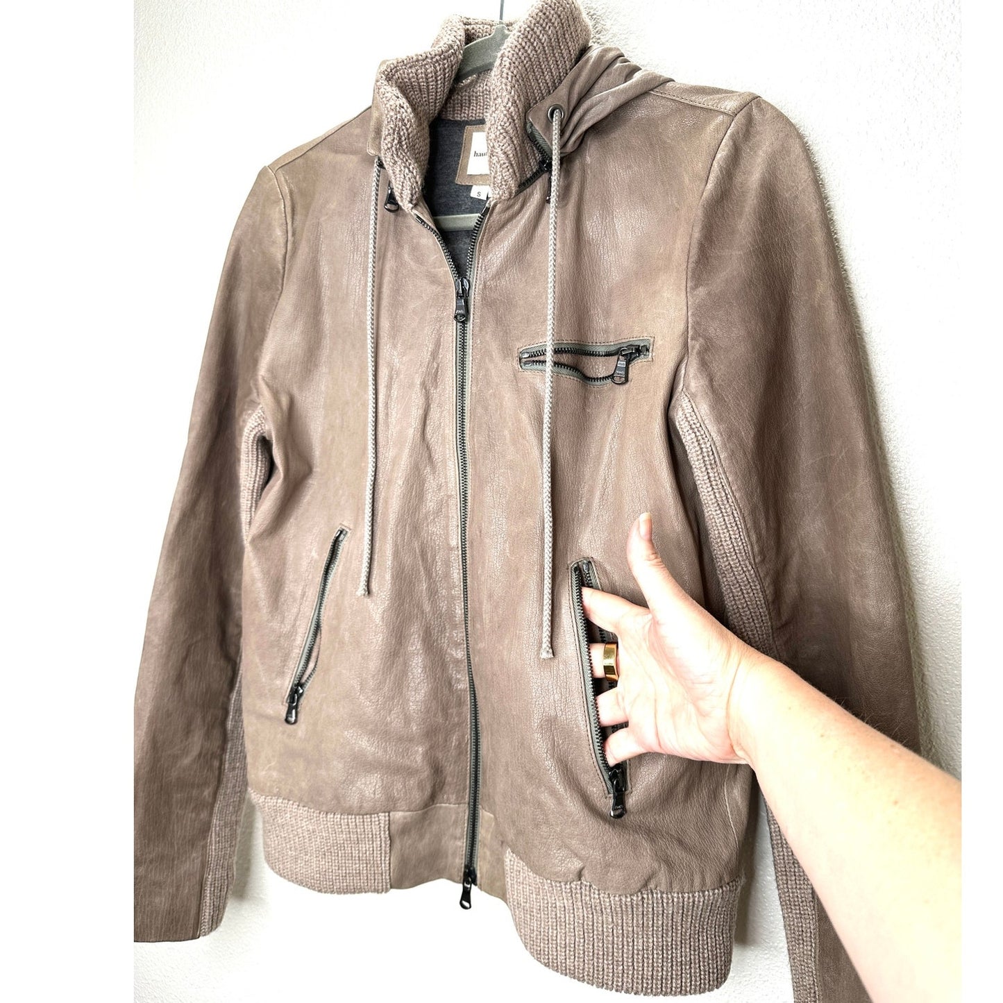 Haute Hoodie Fawn Taupe Lamb & Ribbed Knit Front Zip Hoodie Jacket S