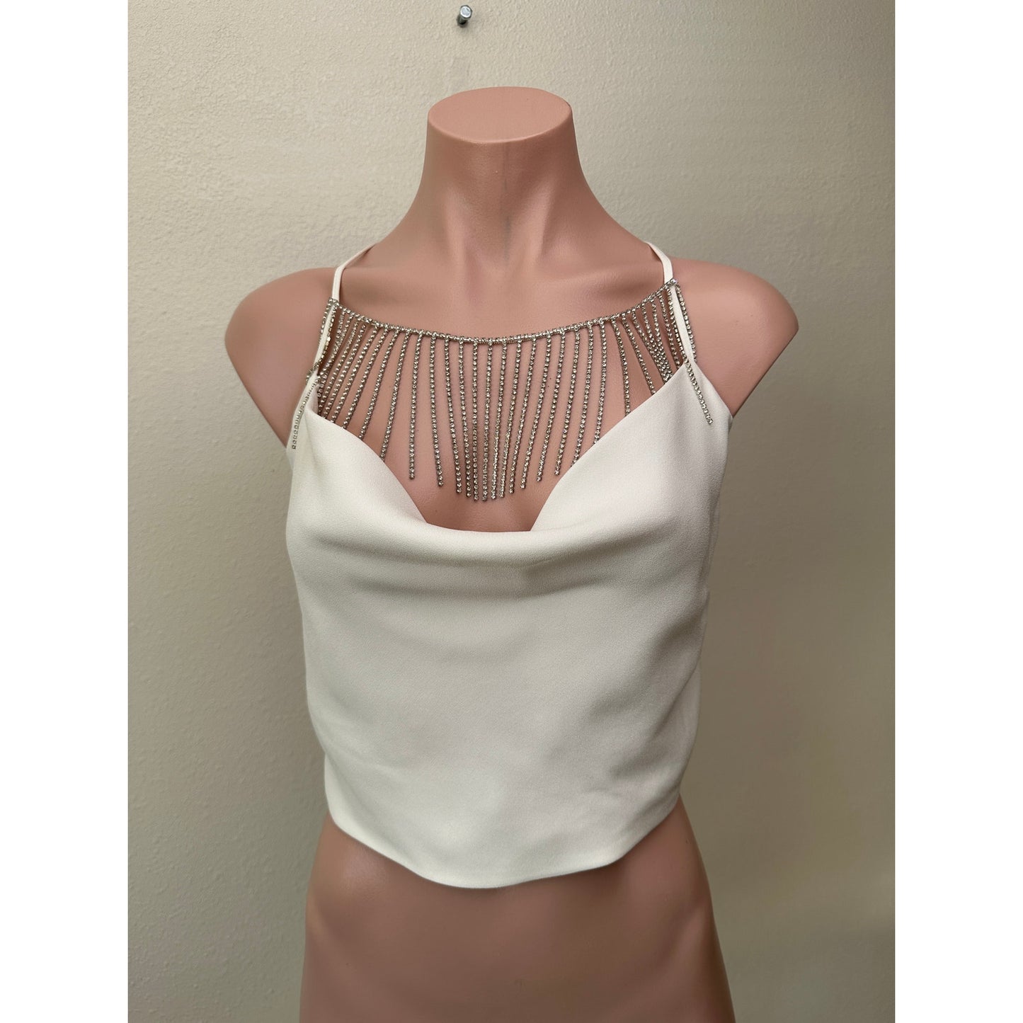 Nicholas Rhinestone Fringe Cowl Neck Ivory Crop Top – Women’s M