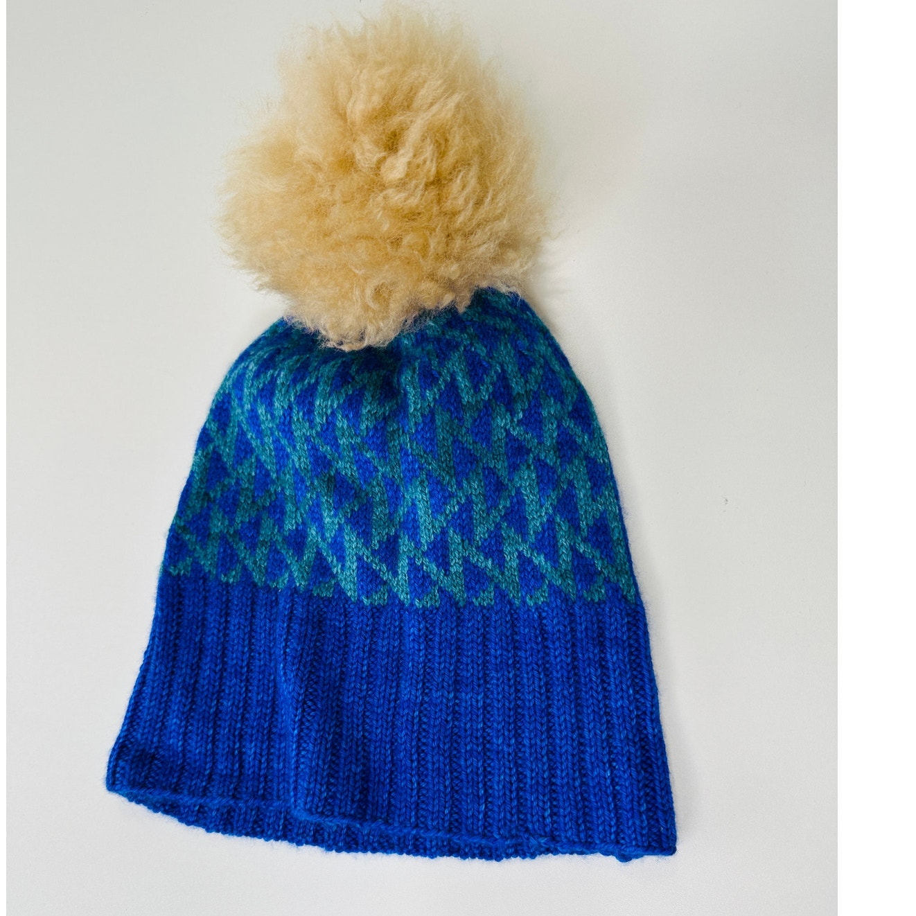 Blue Green Triangle Print Knit Beanie Tan Pom Pom OS