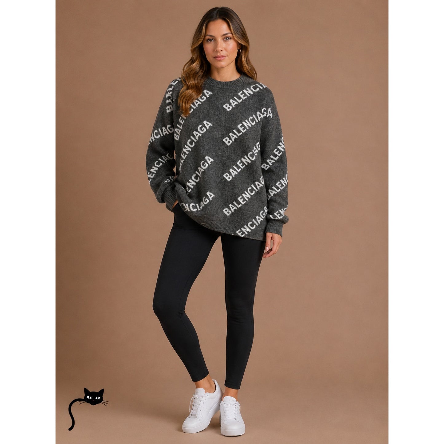 Balenciaga Dark Gray Long Sleeve White Logo'd Crew Neck Sweater L