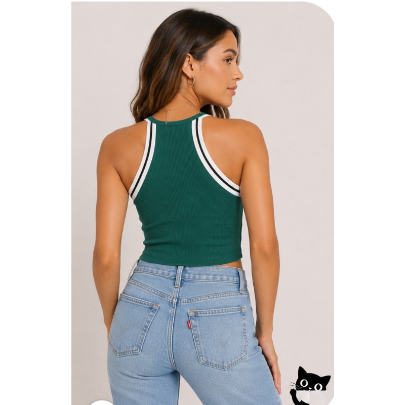 Topshop Cute Green Ribbed Knit White & Black Stripe Trim Halter Neck Crop 10