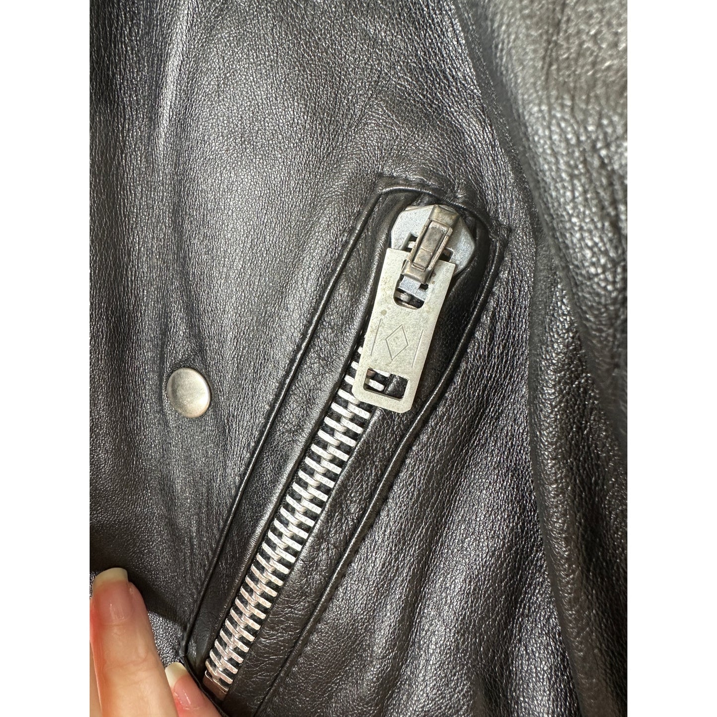 Raw Black Leather Silver Zip & Hardware Belted Shoulder Pad Moto Jacket L