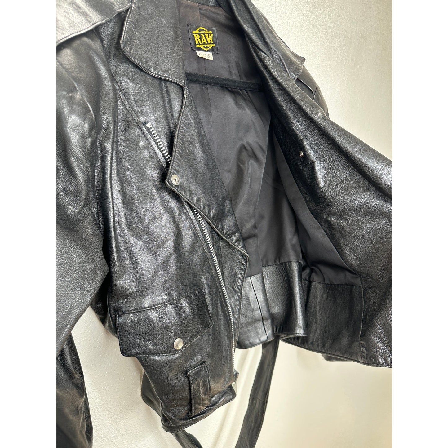 Raw Black Leather Silver Zip & Hardware Belted Shoulder Pad Moto Jacket L