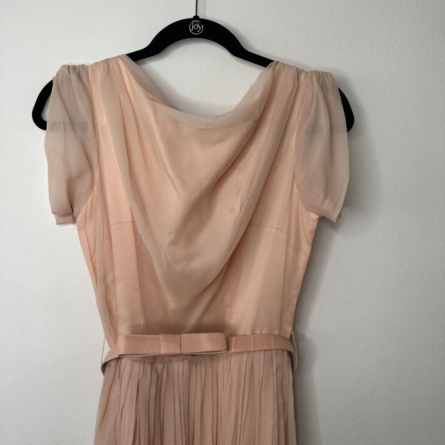 Vintage Size 15 Peach Chiffon Pleated Belted Sleeveless Dress Drape Neck BackZip
