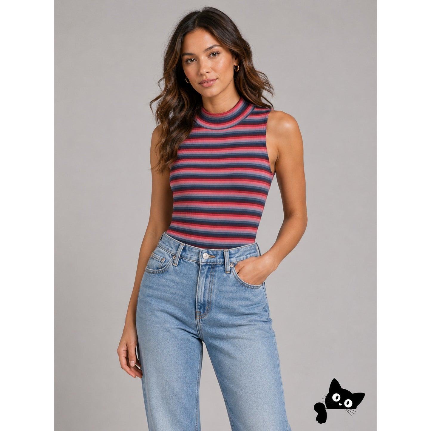 Abound Pink Burgundy Blue Gray Striped Mock Neck Sleeveless Bodysuit L