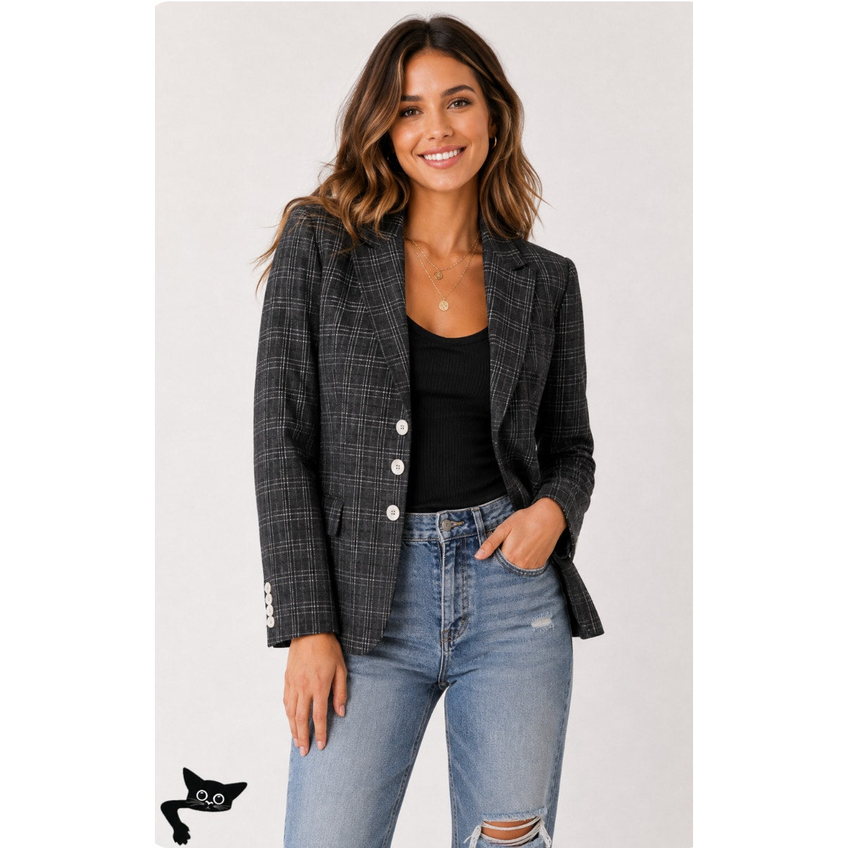 Ron Herman Black & White Stripe Plaid 3 Button Blazer Satin Dot Lining 5