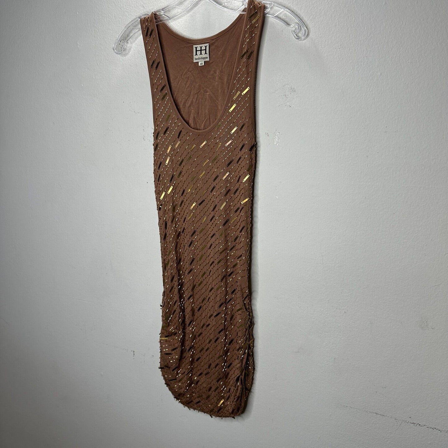 Haute Hippie Chocolate Brown Tank Mini Dress Side Ruche Gold & Beaded Adornment