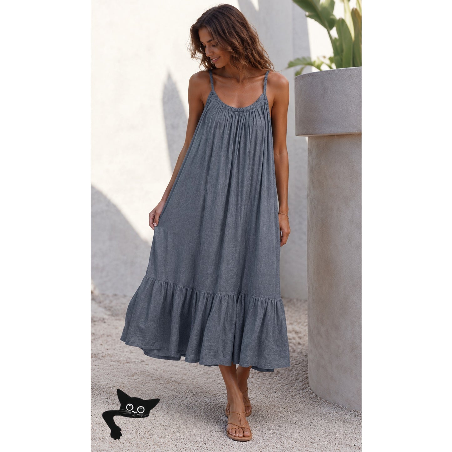Vetiver Blue Gray Denim Round Braided Neckline & Strap Ruffle Dress 4