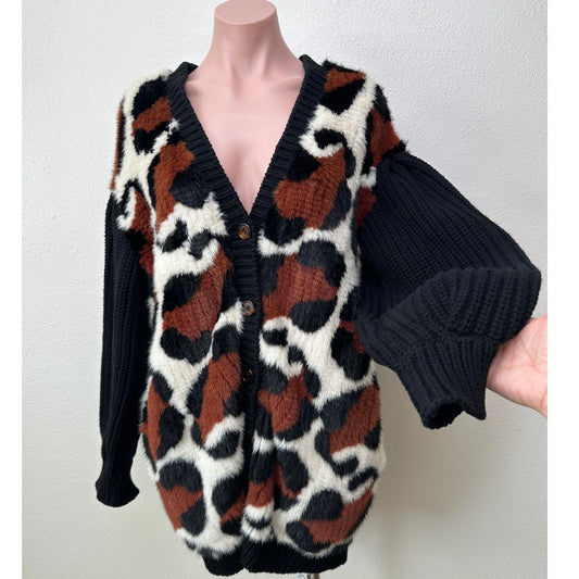 Fendi Black Chunky Balloon-Sleeve Cashmere and Mink Fur Animal Print Sweater 6
