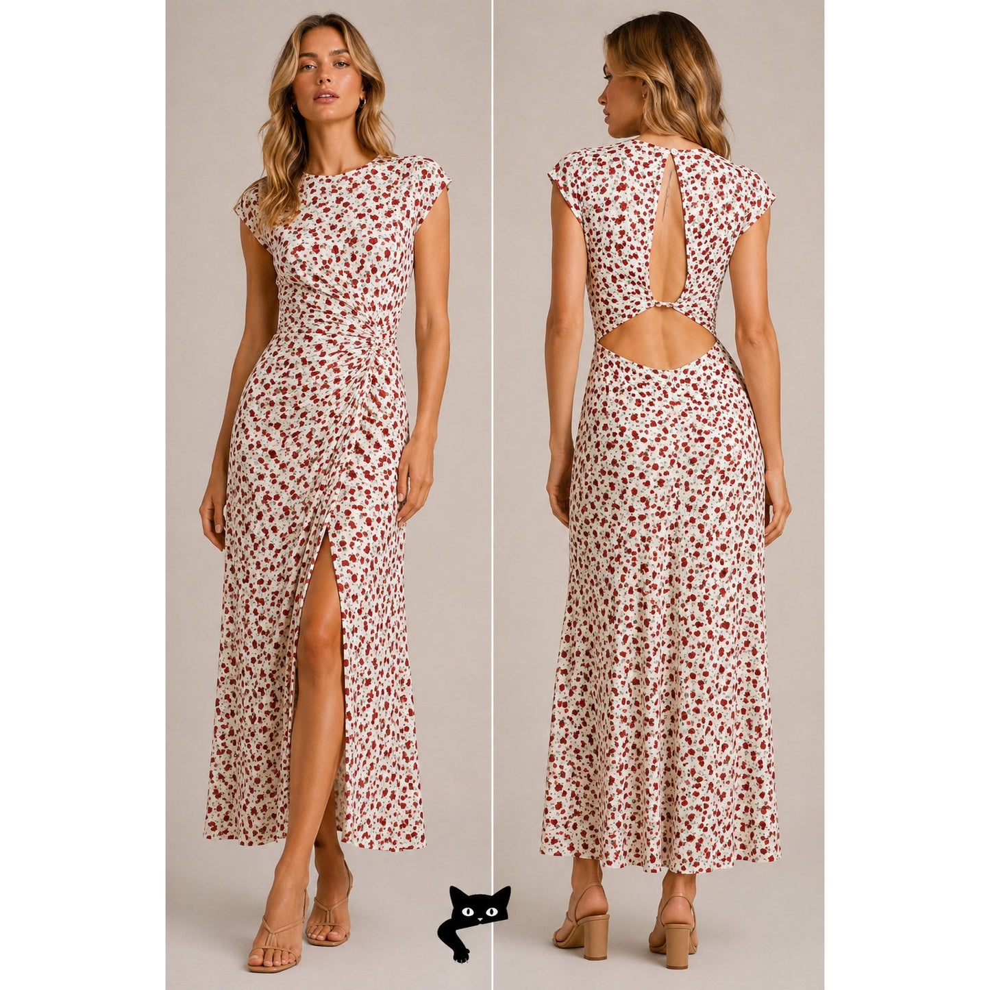 Reformation Ivory Floral Print Round Neck Cap Sleeve Open Back Maxi Dress 0