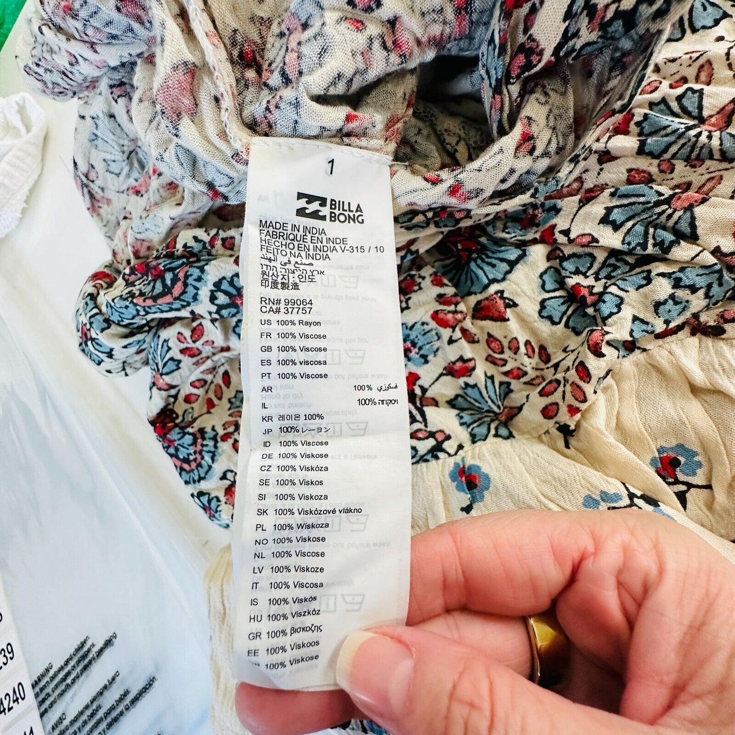 Billabong Cream Dusty Blue & Red Faux Wrap Deep-V Ruffle Hem Sleeveless Romper M