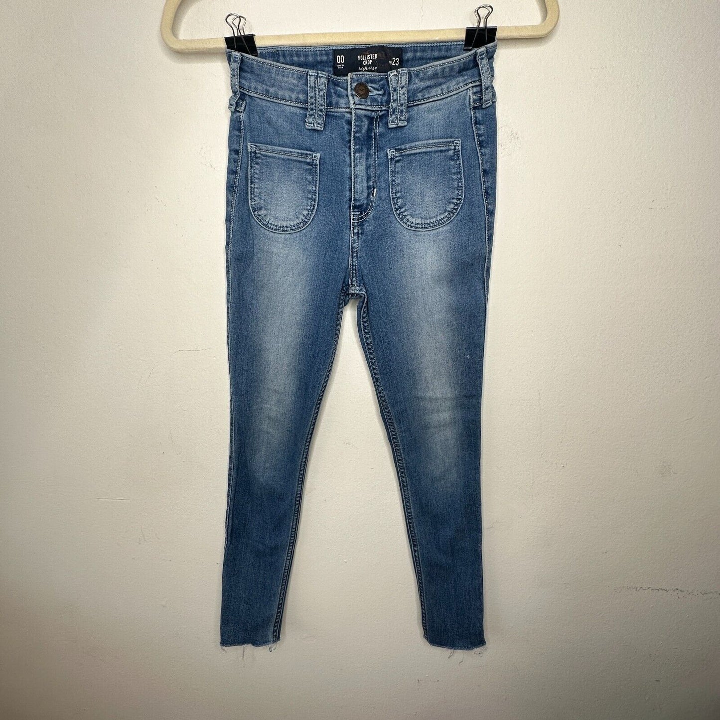 Hollister Medium Wash Crop Patch Pocket Hi-Rise Denim Skinny Jean Raw Hem 23 00