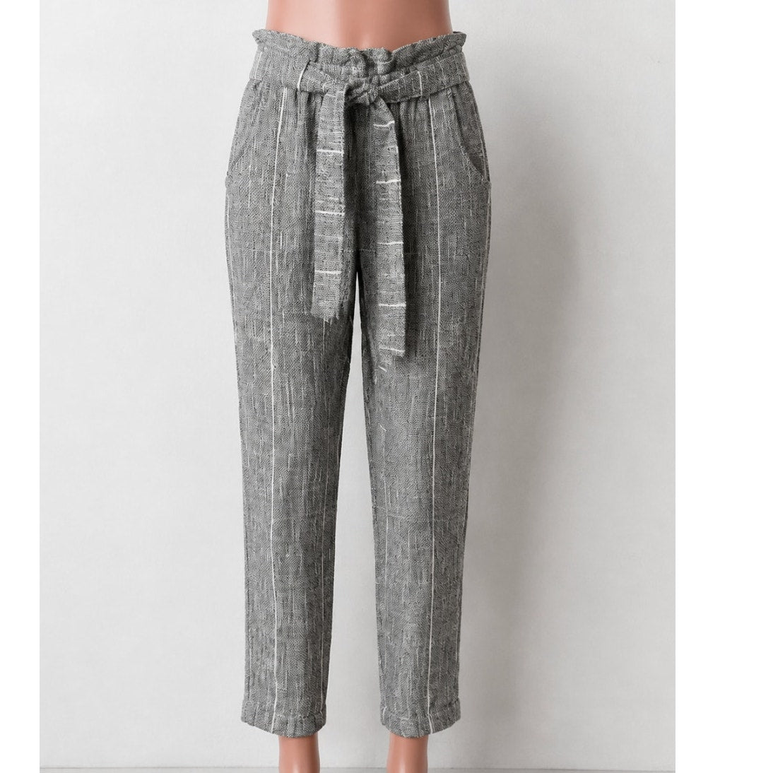 Free People Casual Cream & Black Tweed Stripe Crop Trouser Pants Tie Belt 2