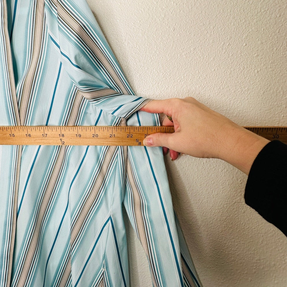 NWT Loro Piana Teal White Brown Stripe Front Button Tie Sash Wrap Dress XL