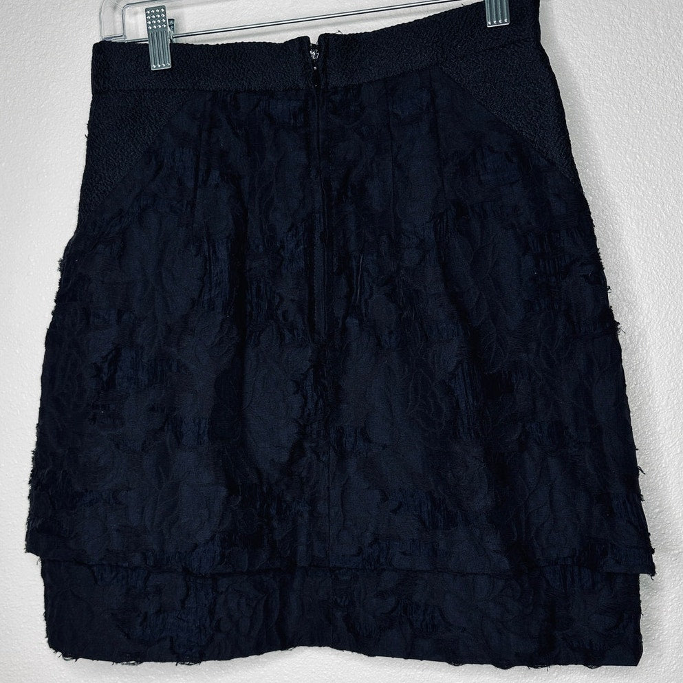 H&M Black Tiered Burnout Jacquard Weave Lace Pockets Back Zip Mini Skirt 8