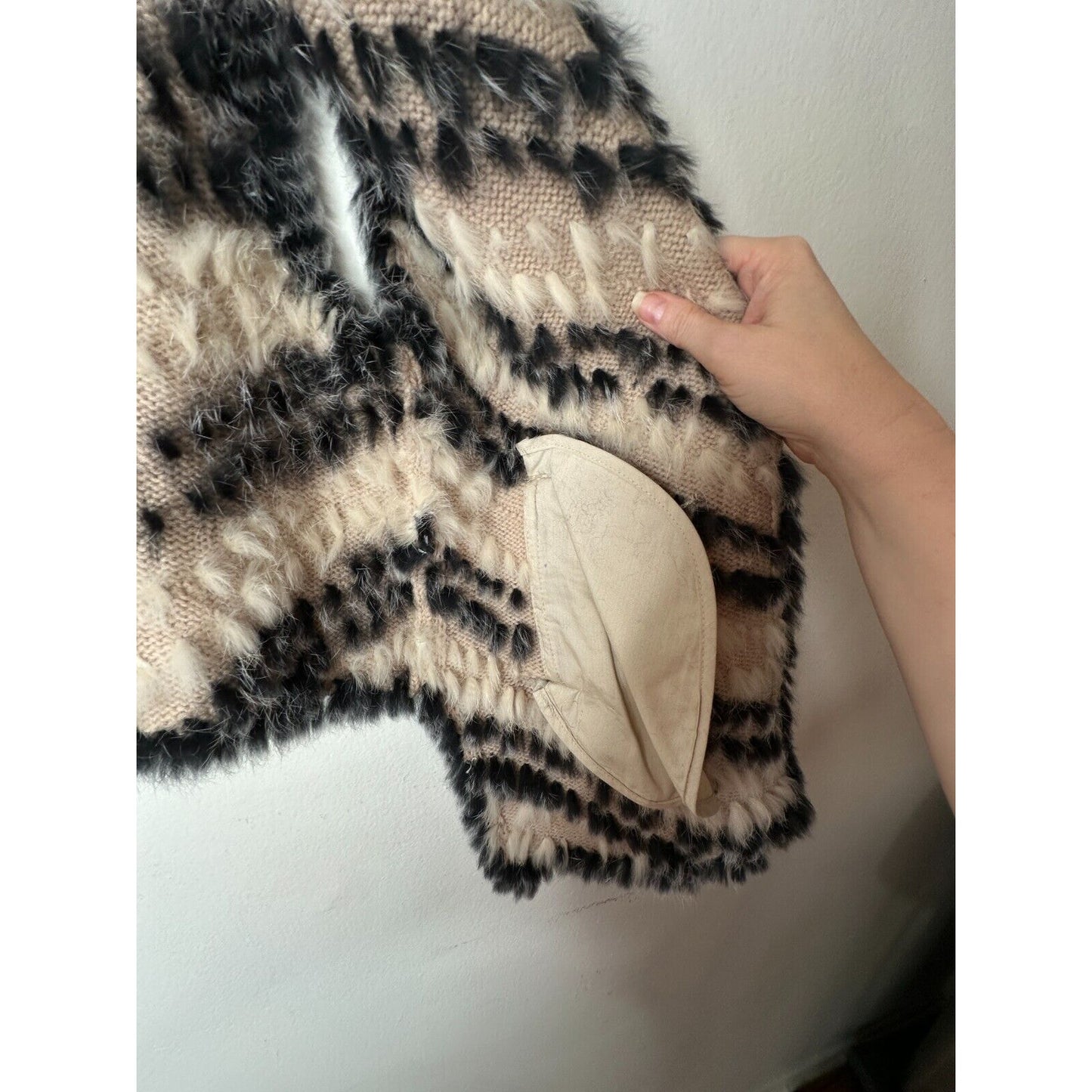 Marc by Marc Jacobs Cream Black Striped Knitted Soft Rabbit Fur Pocket Vest OS