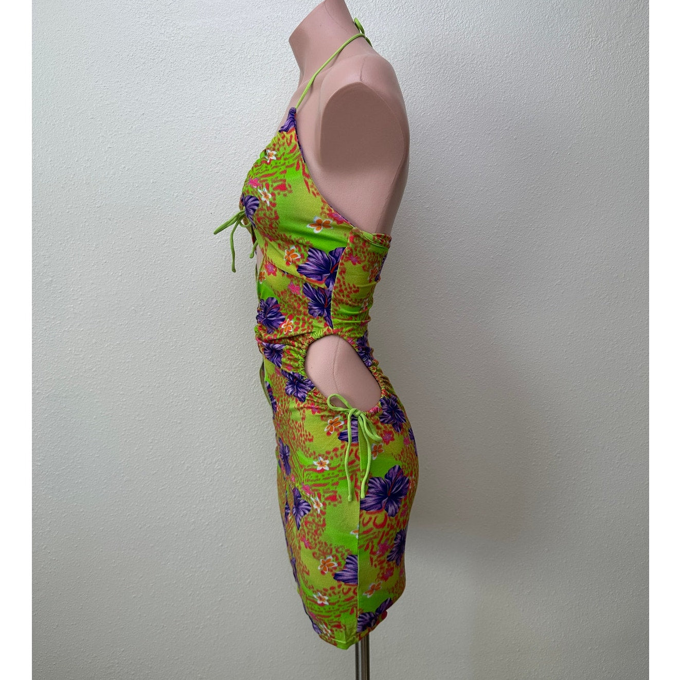 I AM GIA Green Floral Cutout Halter Keyhole Mini Dress Women’s S