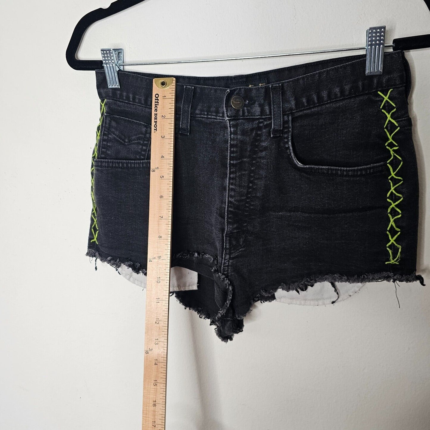 Vans Jesse Jo Black Distressed Raw Hem High Waist Short Lime-Green Side Stitch 9