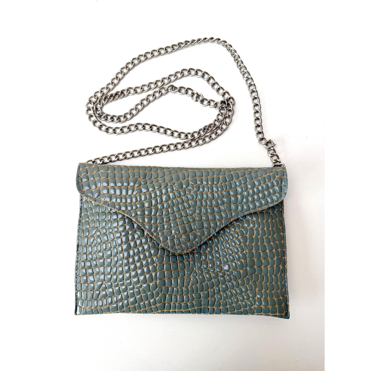 JJ Winters Blue Gray Croc Envelope Chain Bag Women's