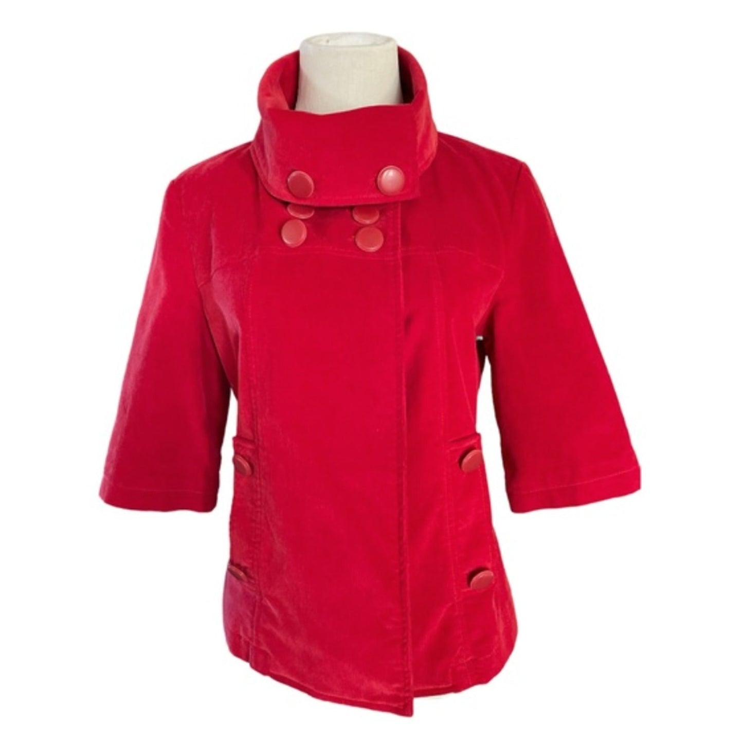 Tulle Red Corduroy Turquoise Lined Foldover Collar Jacket 3/4 Sleeves S