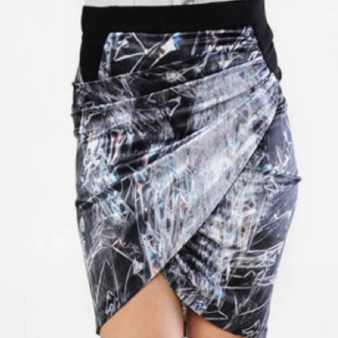 Helmut Lang SILK Cellophane Print Faux Tulip Hem Wrap Skirt Black Silver & Blue