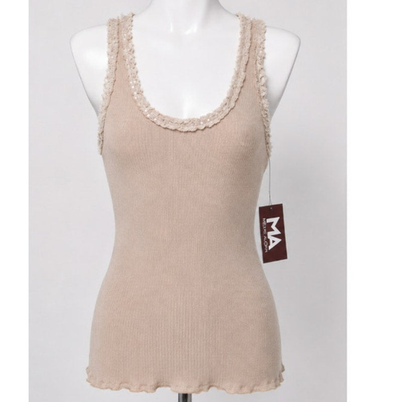 NWT Dis Moi Tan Rib Knit Racer Back Lace Edging Tank Top
