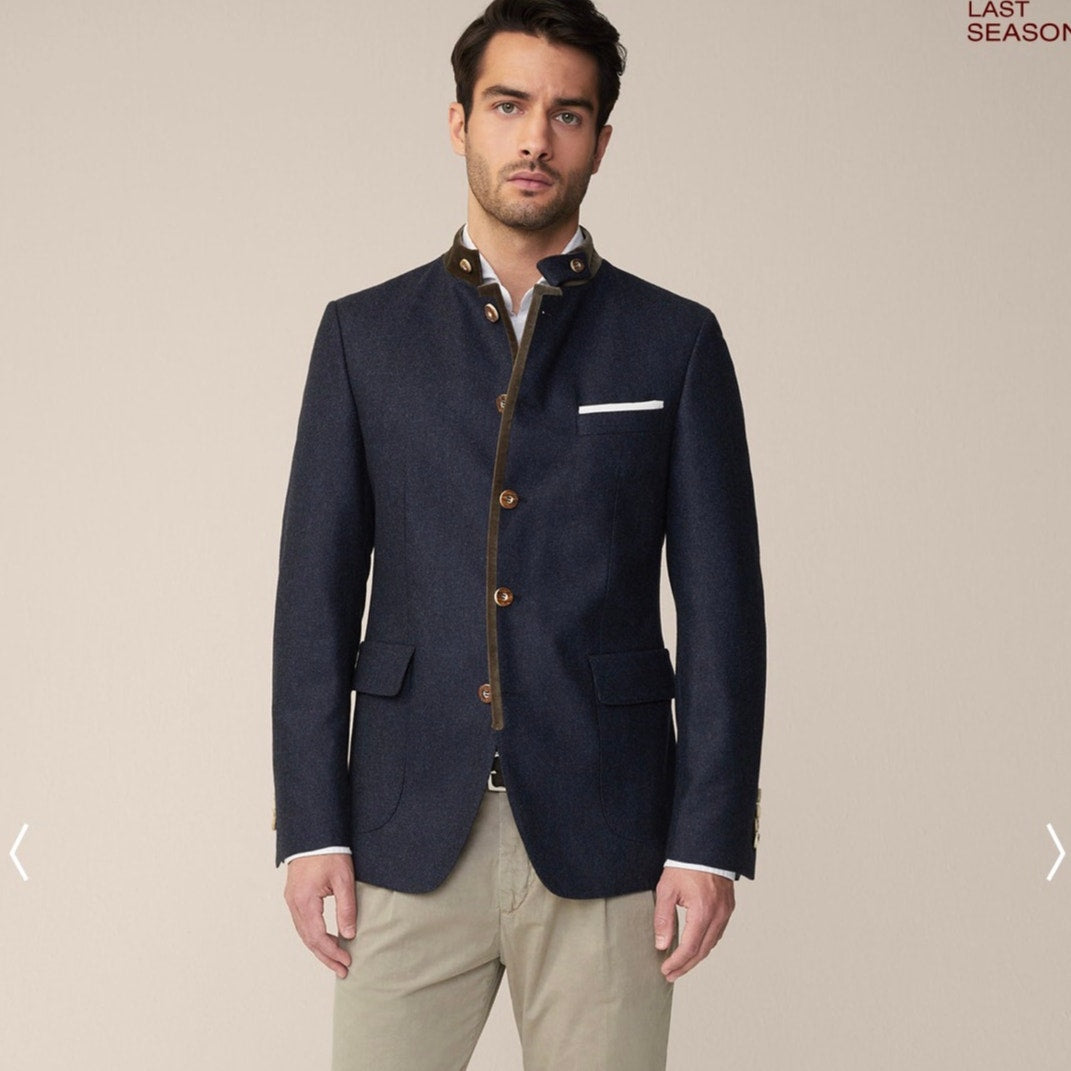 Windsor Men’s Stand-Collar Blue Blazer US 34 (EU 44) Suede Trim