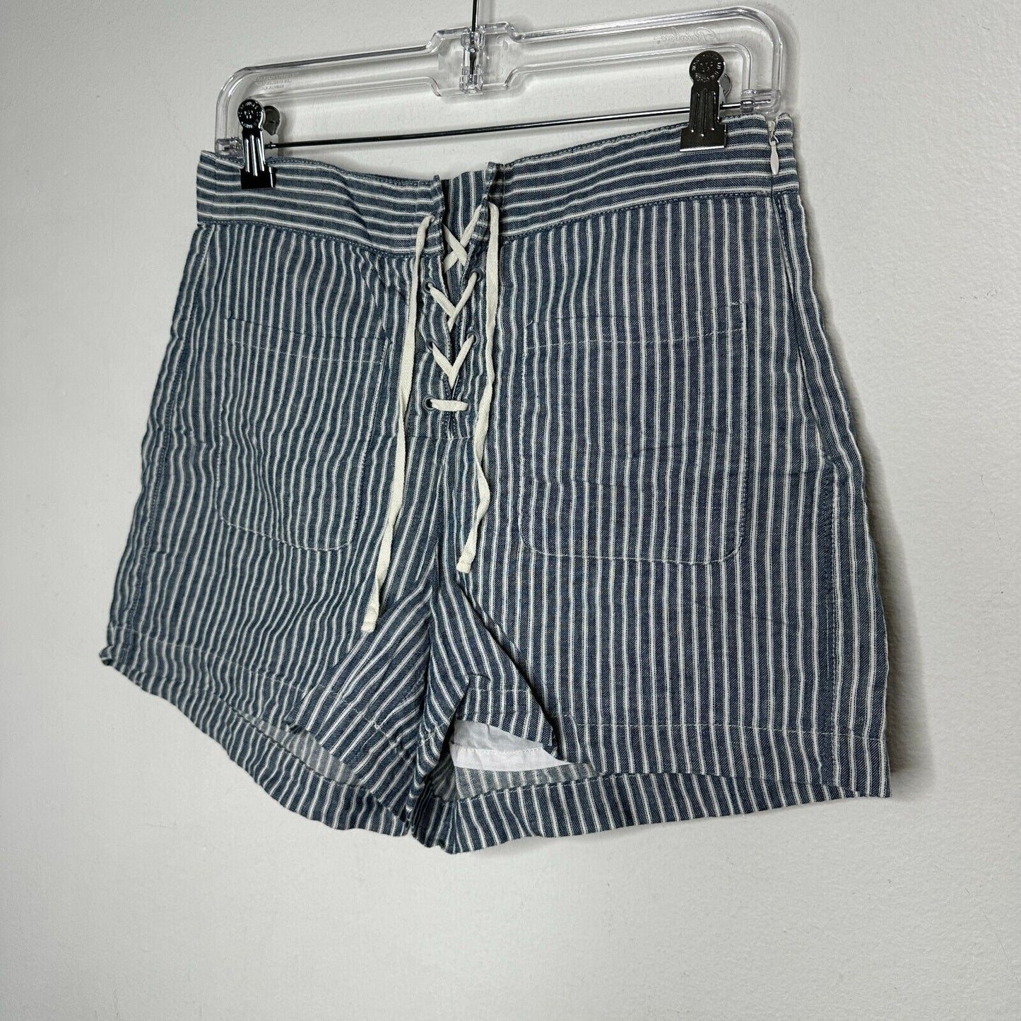 Madewell Jean Blue Off White Striped High Waist Patch Pockets Lace-Up Shorts 4