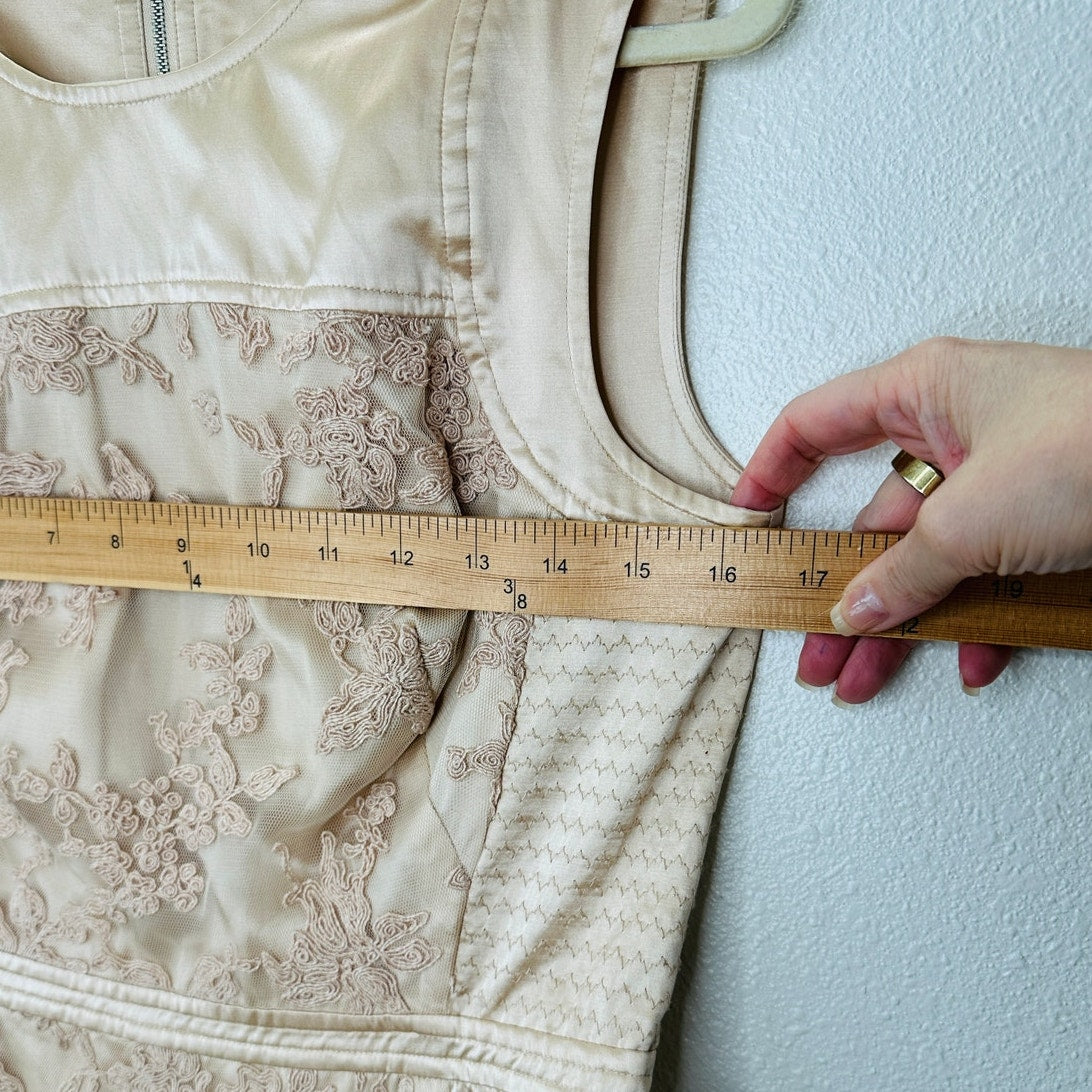 BCBGMAXAZRIA Tan Satin & Floral Lace Round Neck Mini Dress 6