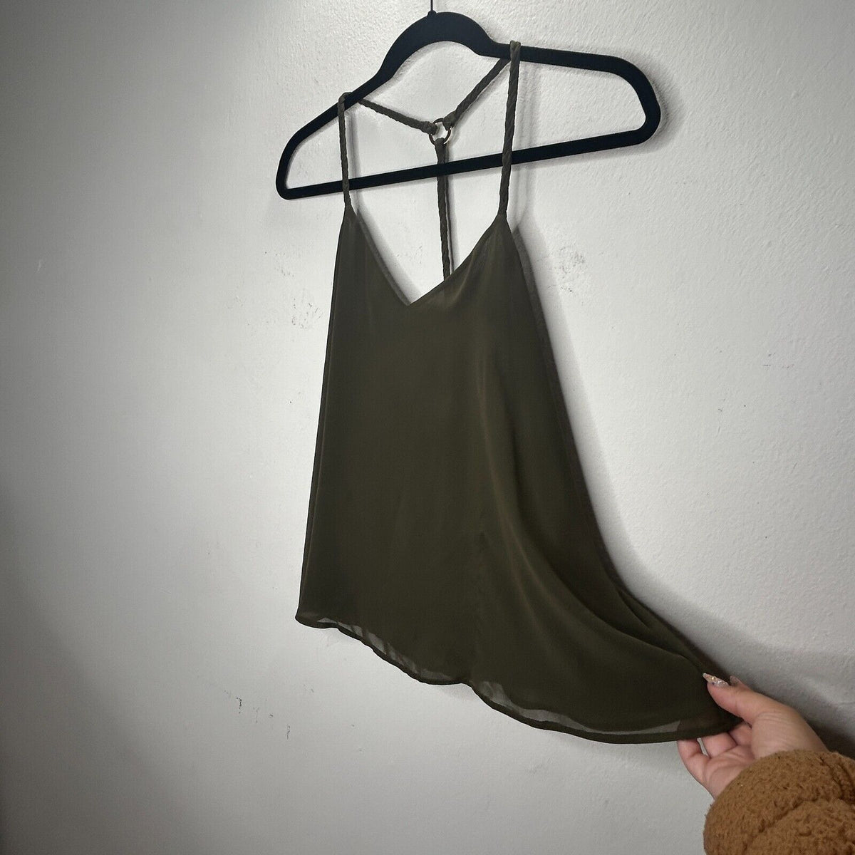 Marciano Olive VNeck Braided Racer Back Semi Sheer Blouse SM