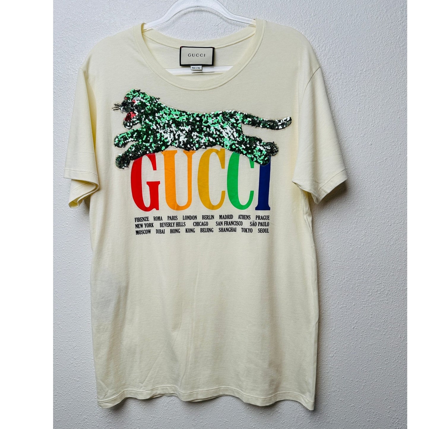 Gucci Sequin Cat Rainbow Logo T-Shirt Cream Unisex US M
