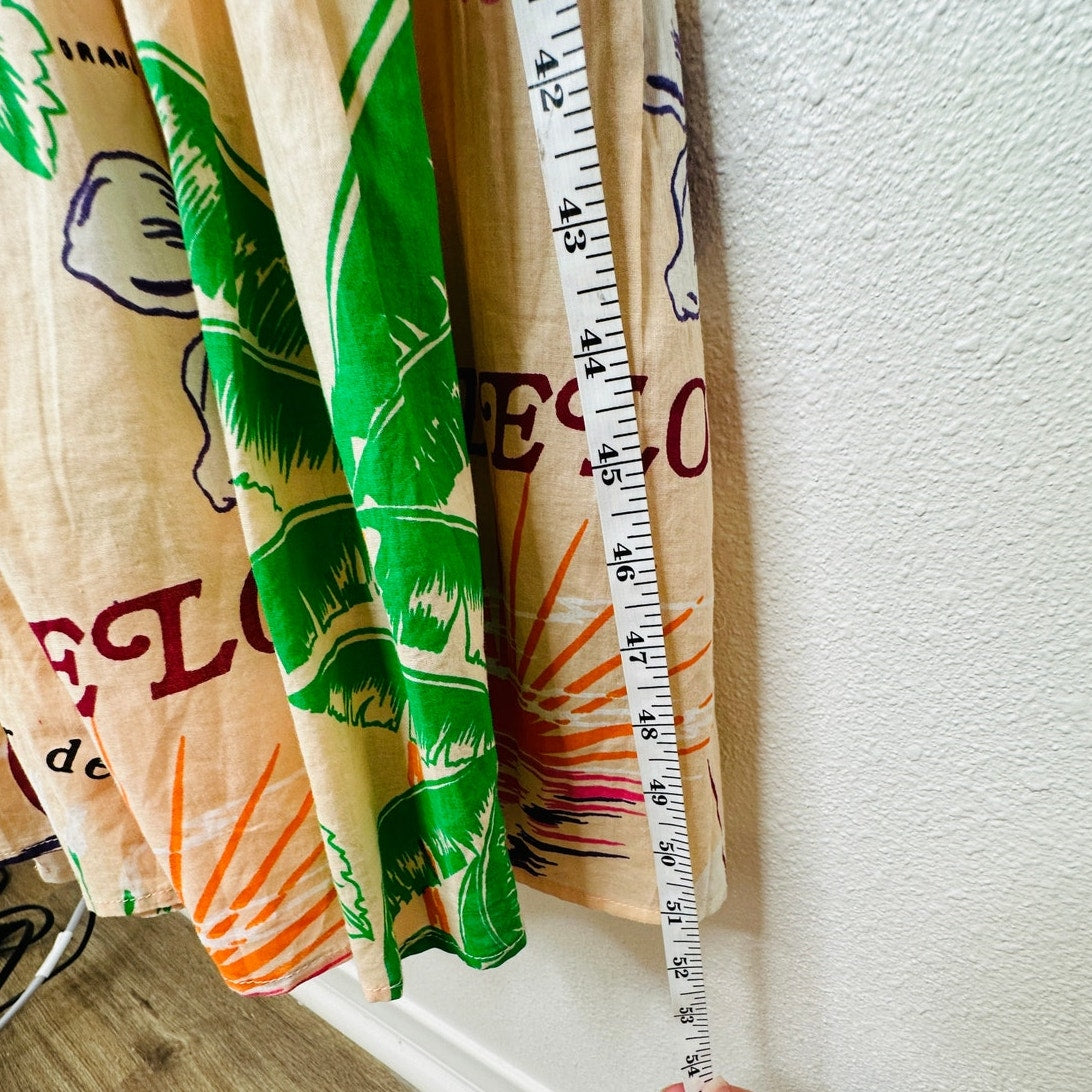 UO Sunkissed Printed Poplin Tropical Floral Flowy Pleated Ruffle Maxi Sundress M