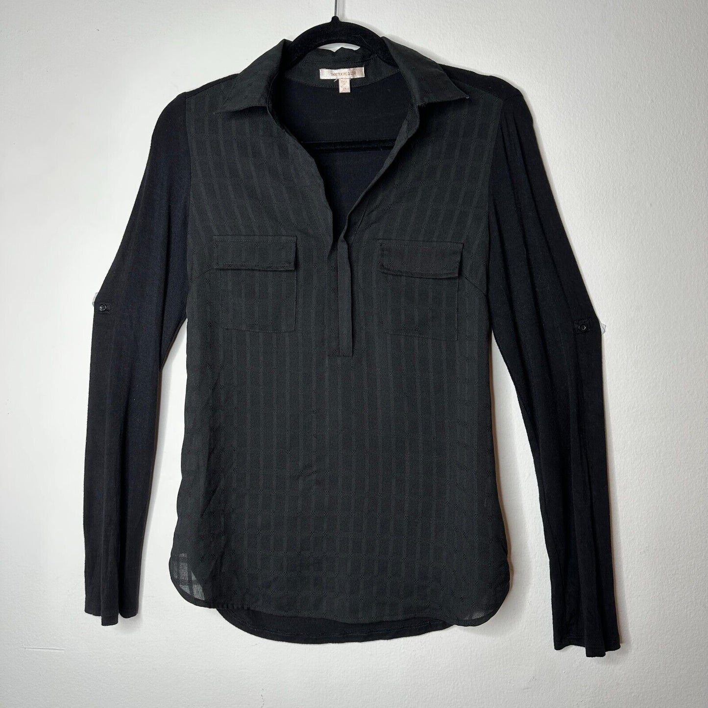 Skies Are Blue Black Stripe Stretch Front Pockets Long Sleeve Collar Blouse XS