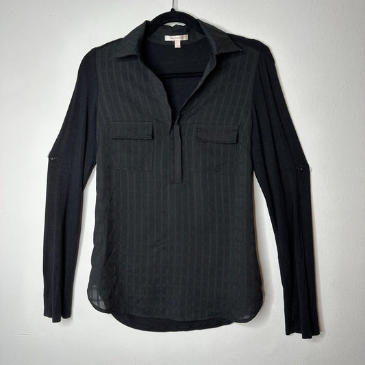 Skies Are Blue Black Stripe Stretch Front Pockets Long Sleeve Collar Blouse XS