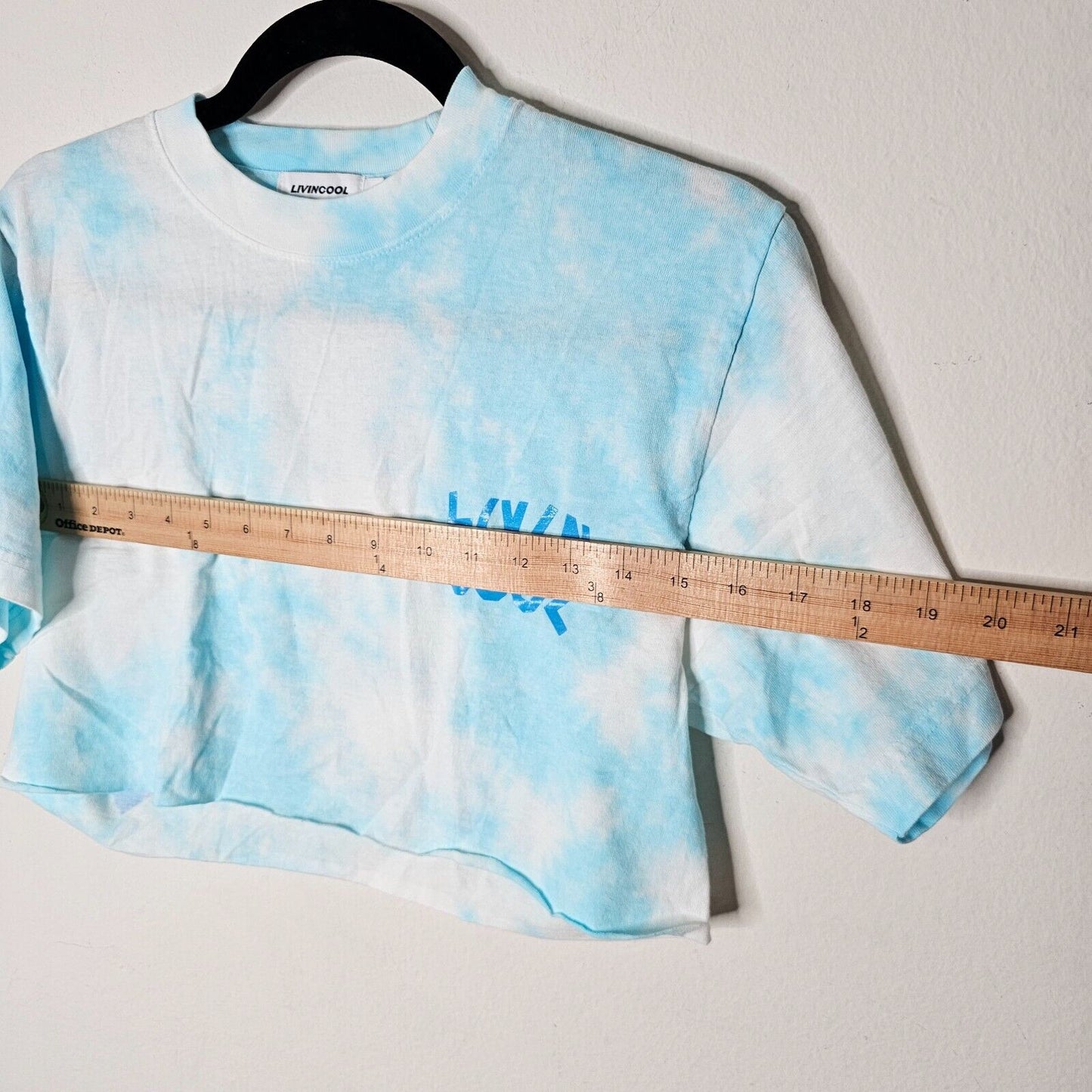 Livin Cool Pale Blue White Tie Dye Livin Cool Logo Short Sleeve Crop Tee XS