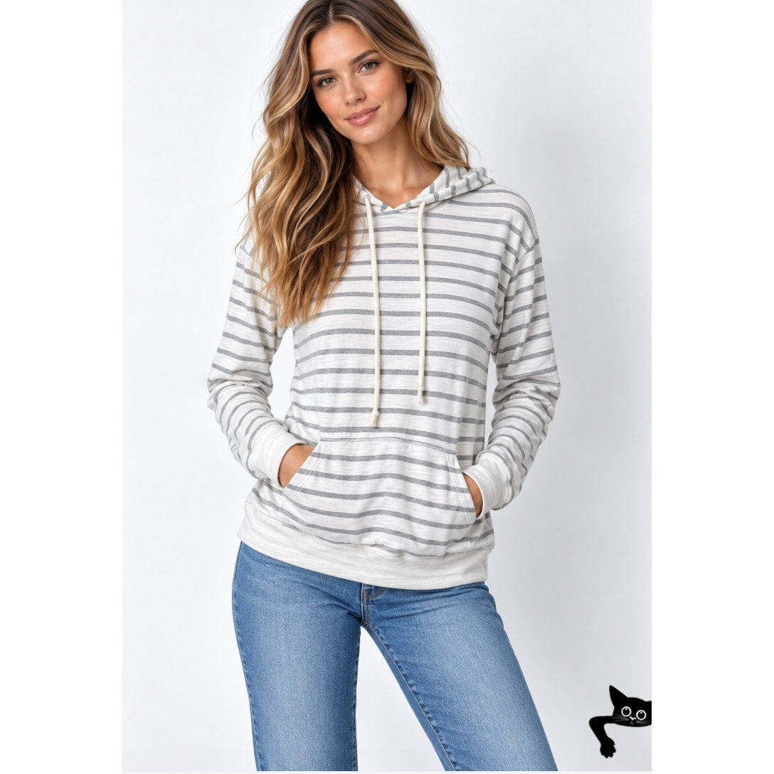 Old Navy White & Gray Striped Pullover Front Pocket Hoodie L