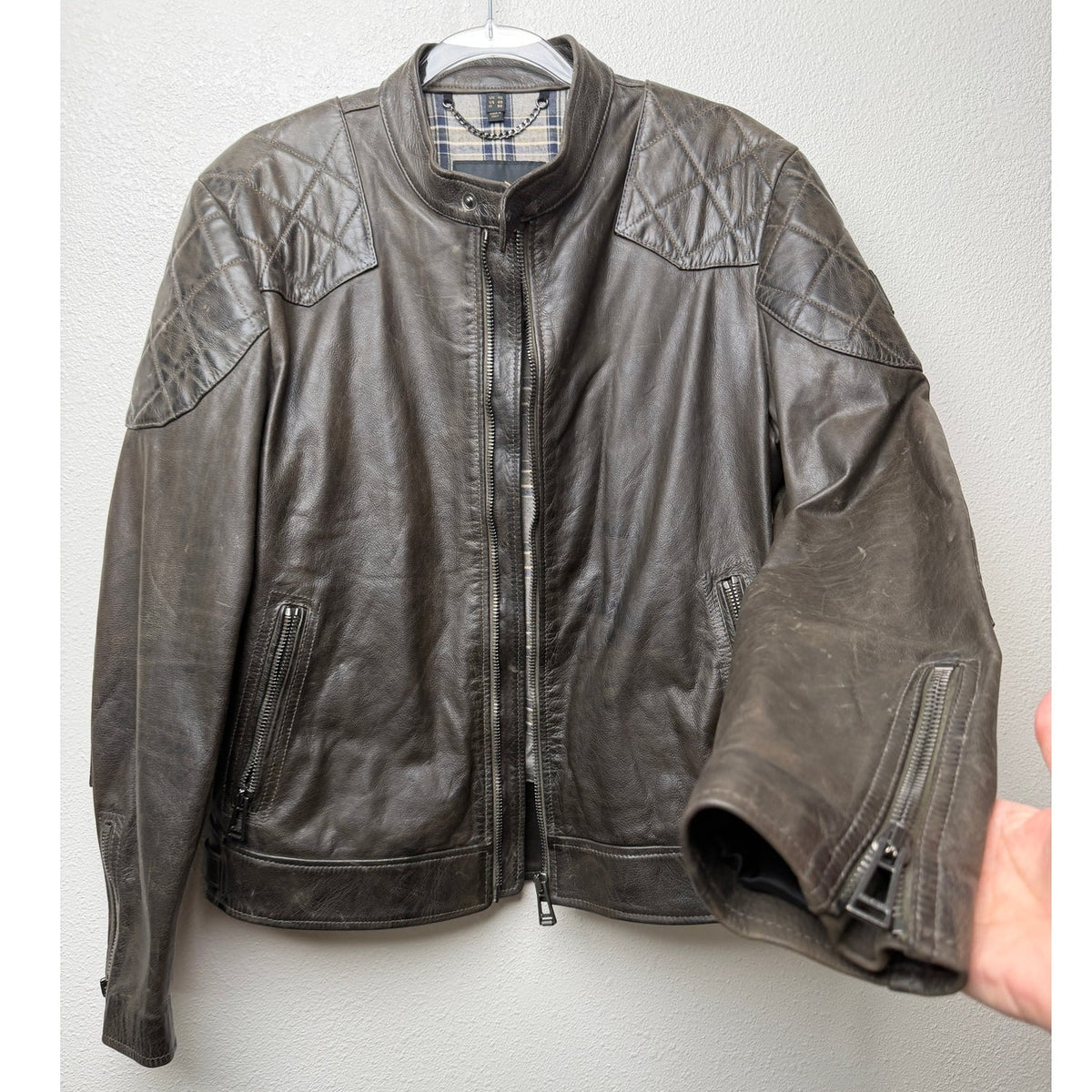 Belstaff Legacy Outlaw Brown Leather Cafe Racer Motorcycle Jacket Men's US 40