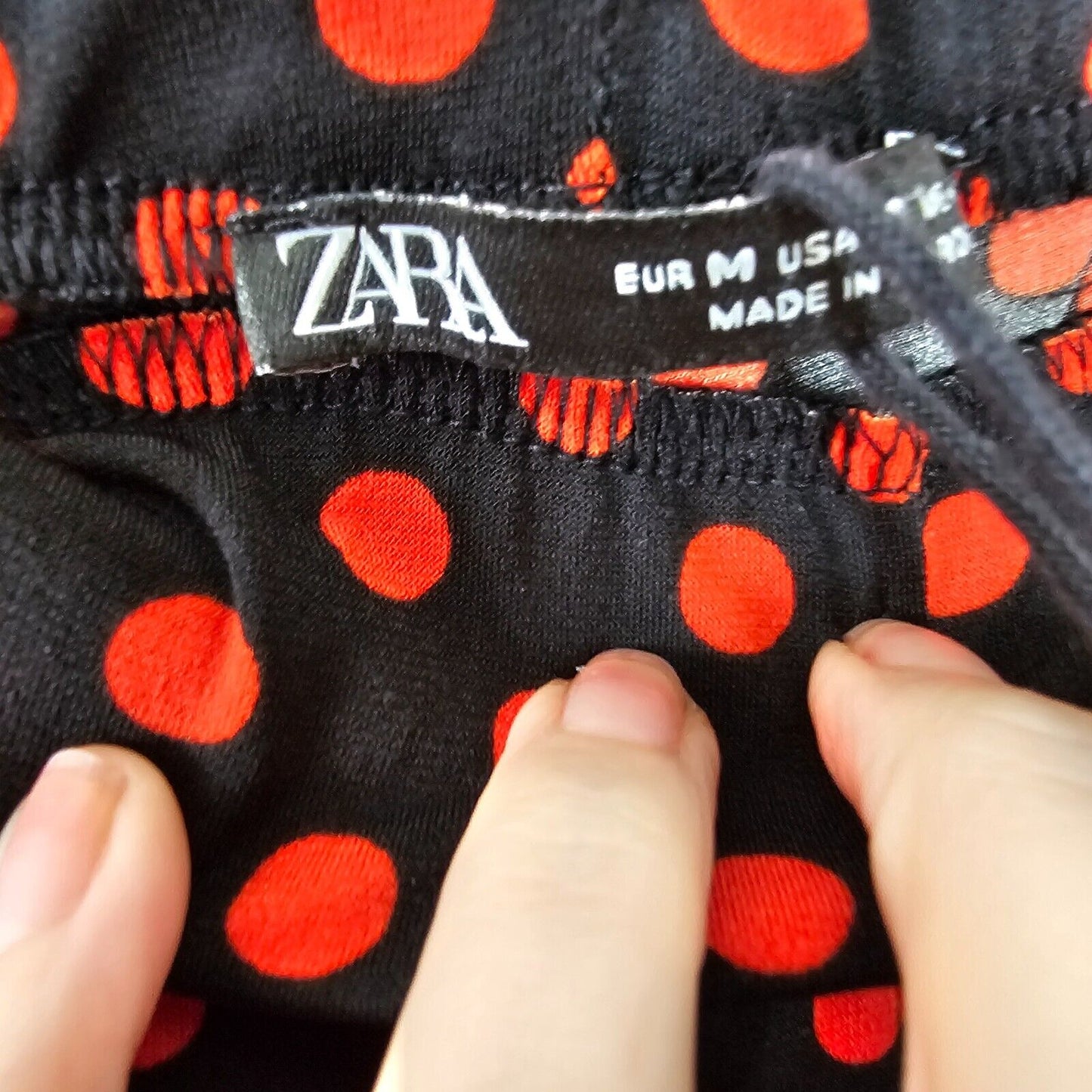 NWOT Zara Black & Red Polka Dot Black Lace Hem Wide Leg Pants Elastic Waist Med