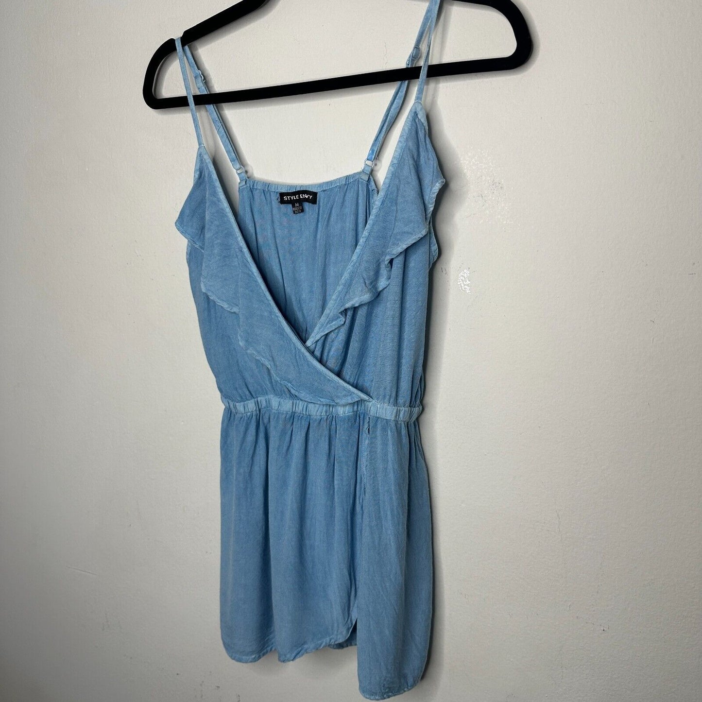 Light Denim Blue Rayon V-Neck Faux Wrap Ruffle Spaghetti Adj Strap Blouse Med