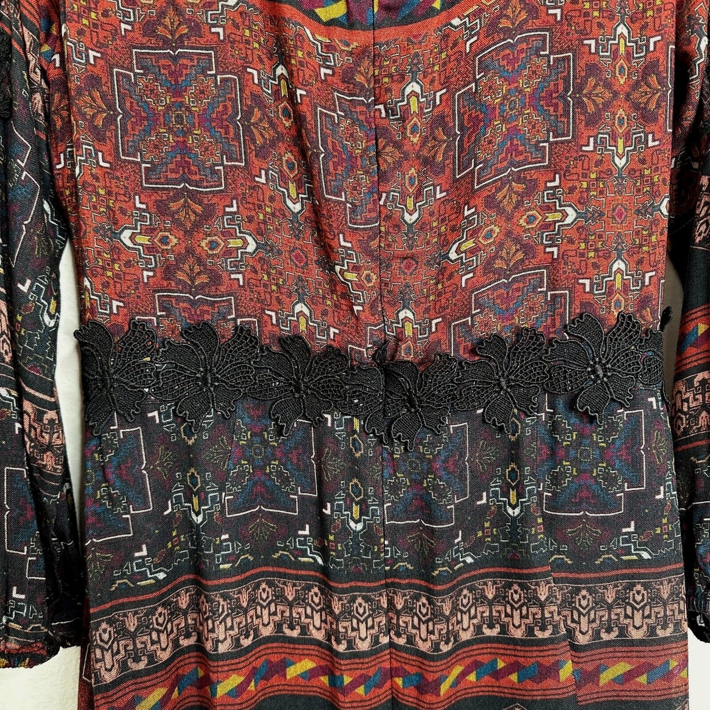 Line & Dot Black Rust Aztec Lace Trim Slit Maxi Cold Shoulder Long Sleeve M