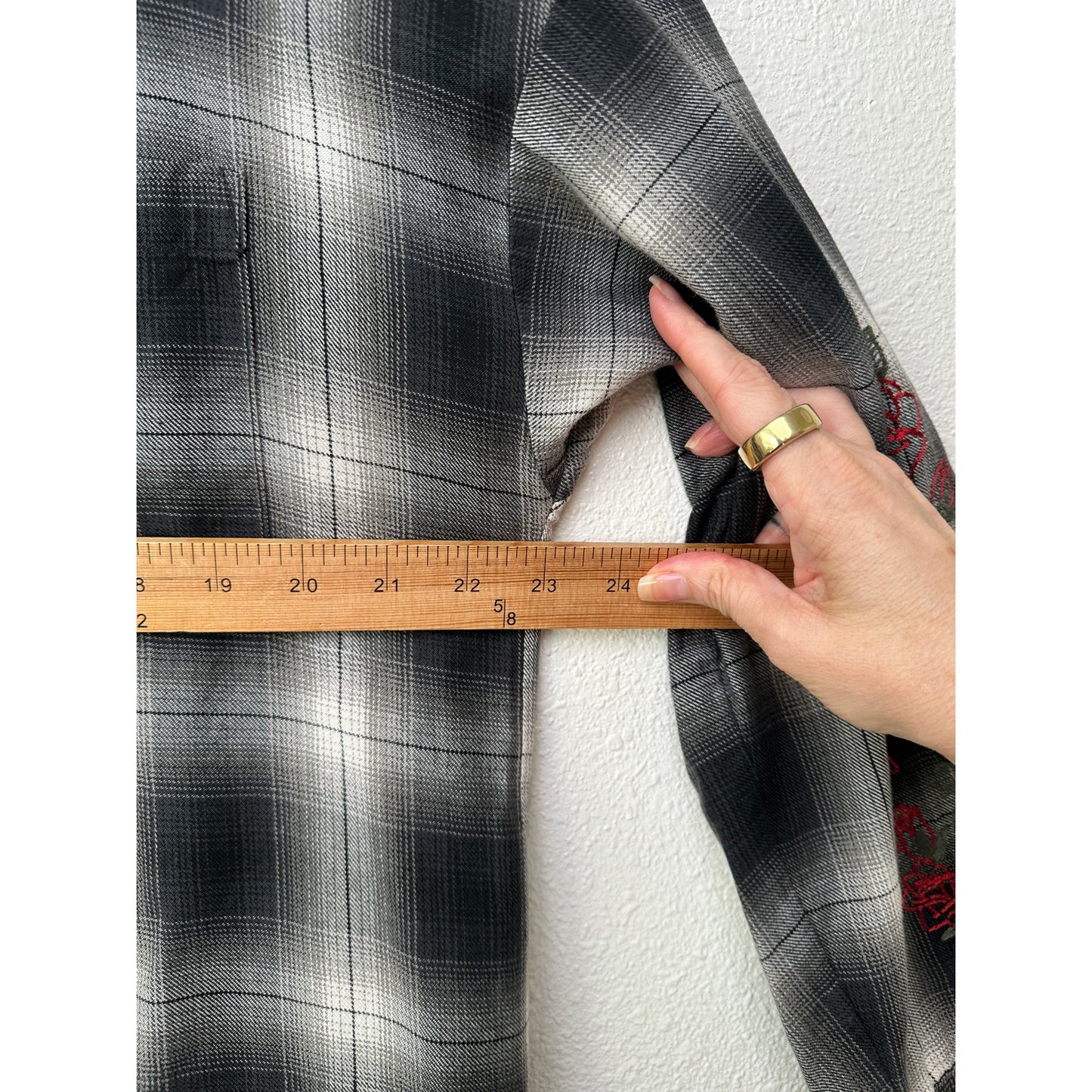 Adaptation Rose Embroidered Plaid Longline Shirt Dress Black White M