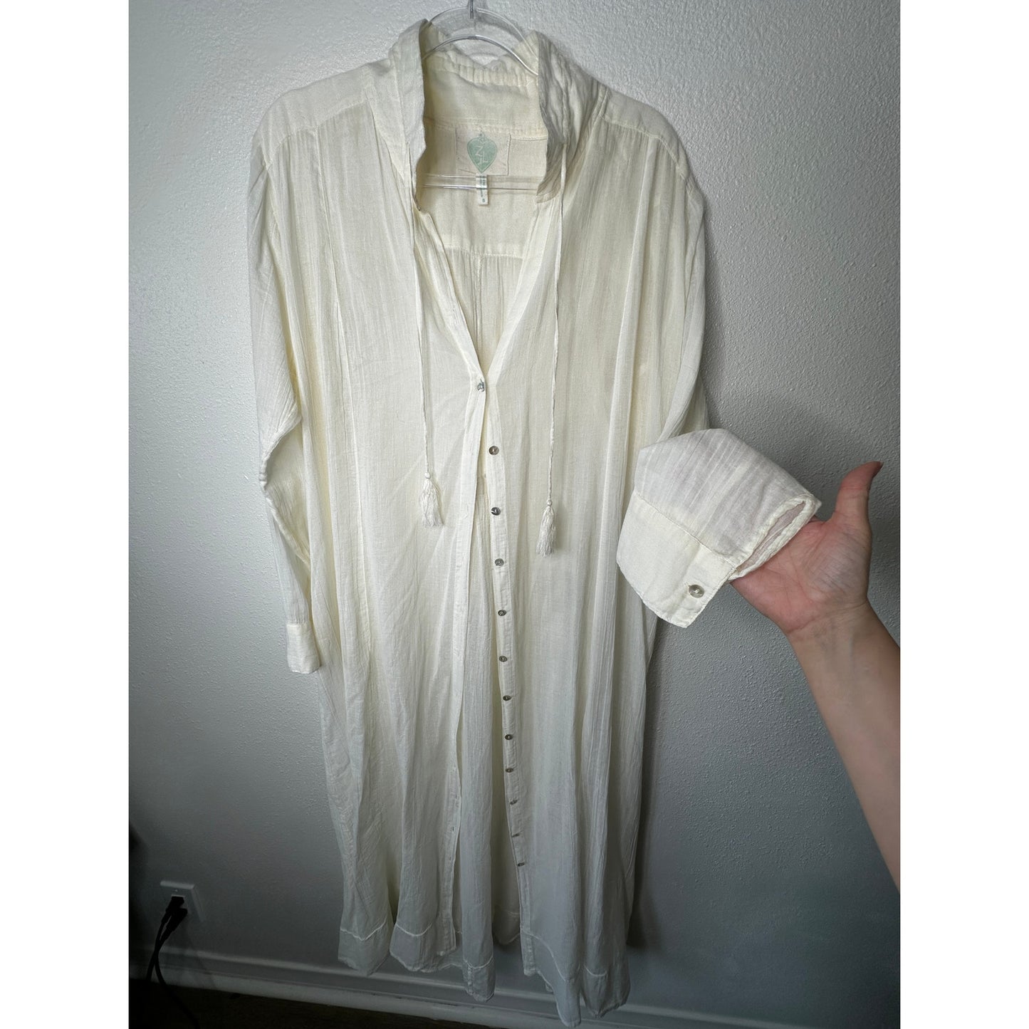 Z&L Europe Cream Maxi Dress Small Boho Button Front Tassel Long Sleeve Coverup