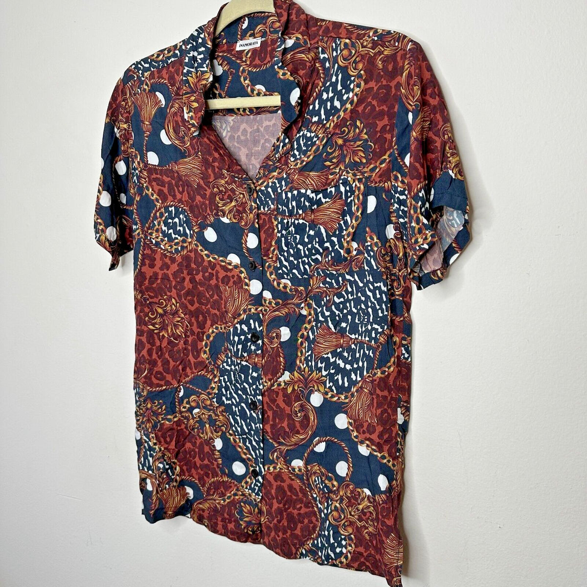 Inamorata Burgundy Leopard-Link Short Sleeve Button Down El Camino Shirt XS / S