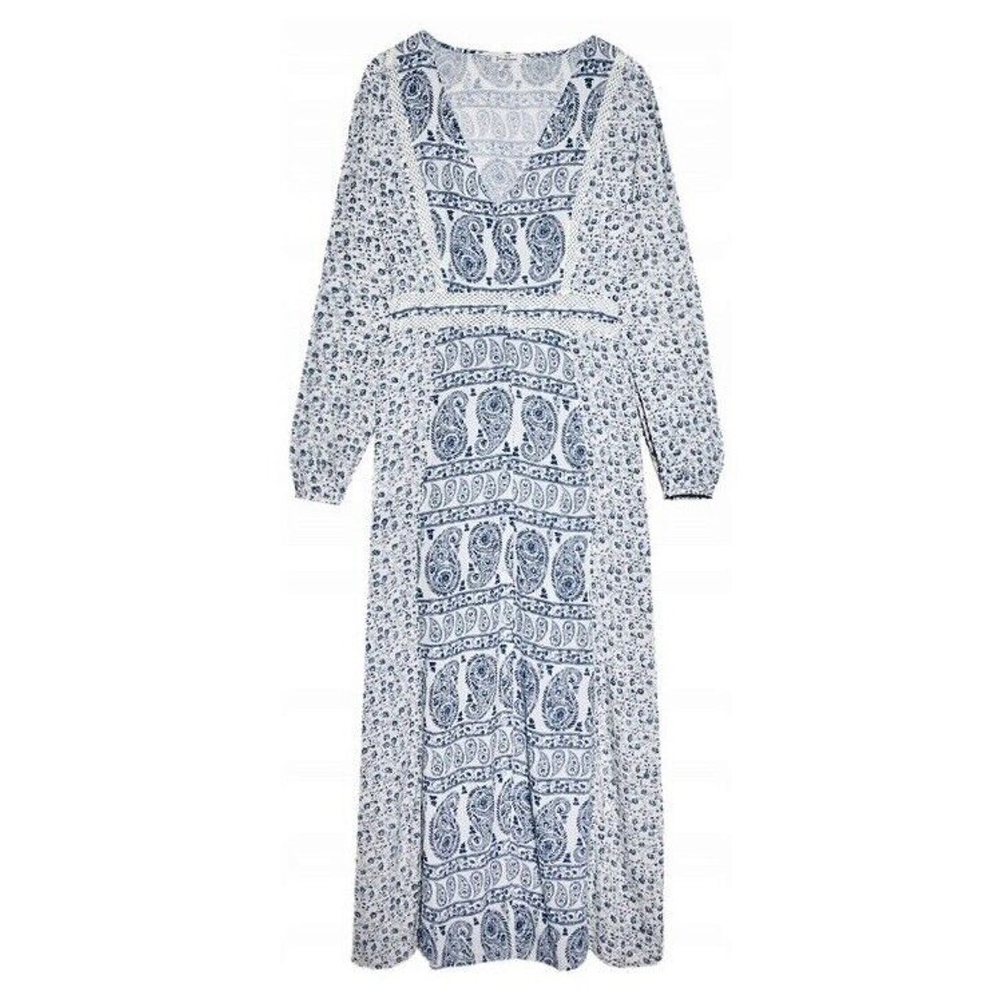 Stradivarius Off White & Blue Floral Paisley Print Long Sleeve V-Neck Maxi Dress
