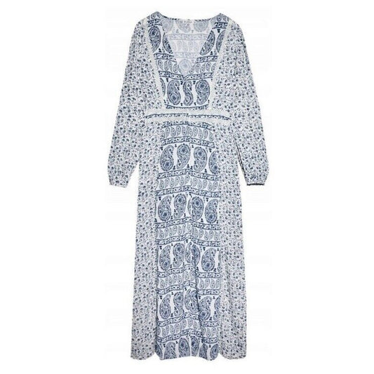 Stradivarius Off White & Blue Floral Paisley Print Long Sleeve V-Neck Maxi Dress
