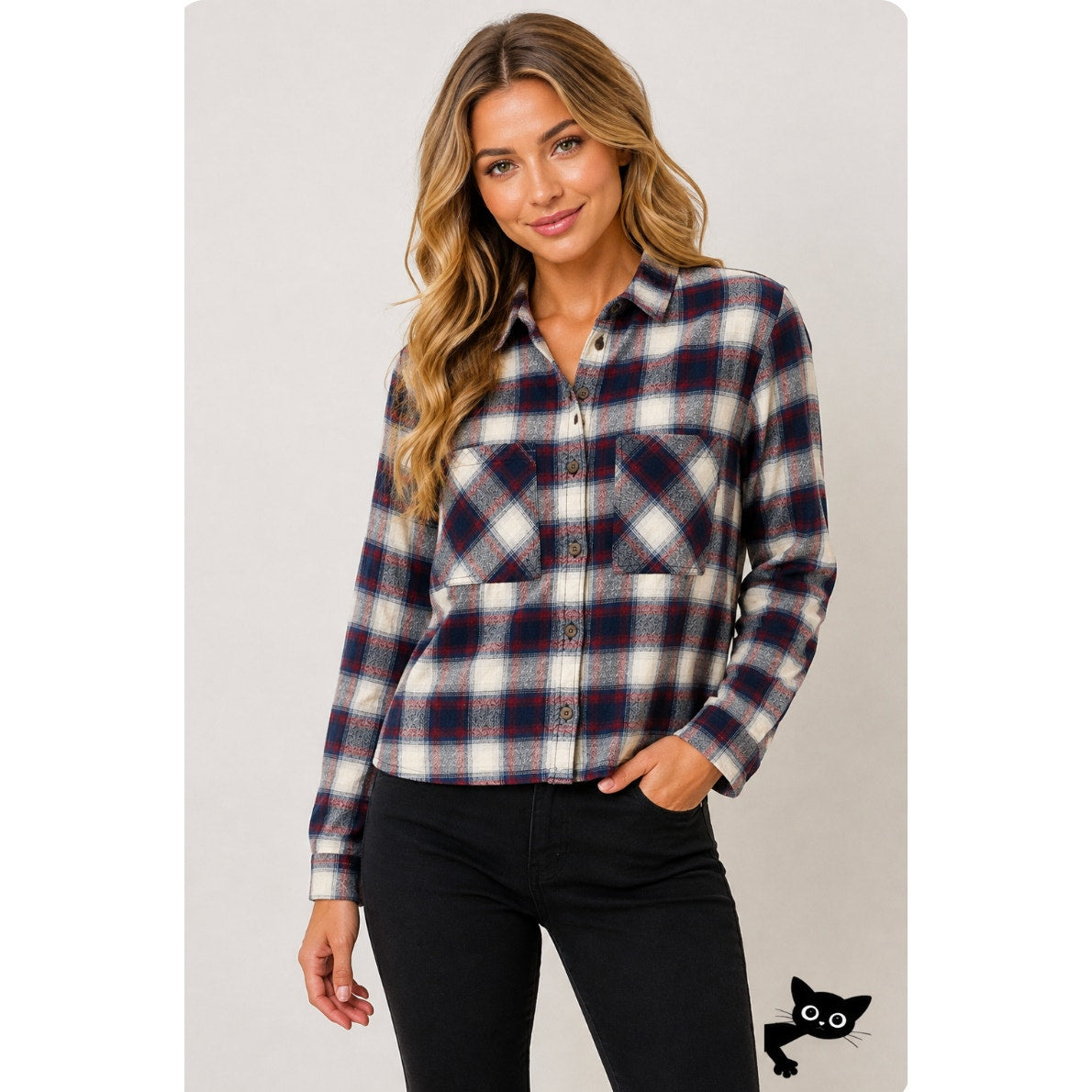 Black Red Blue White Plaid Cropped Long Sleeve Flannel Button Down Shirt M