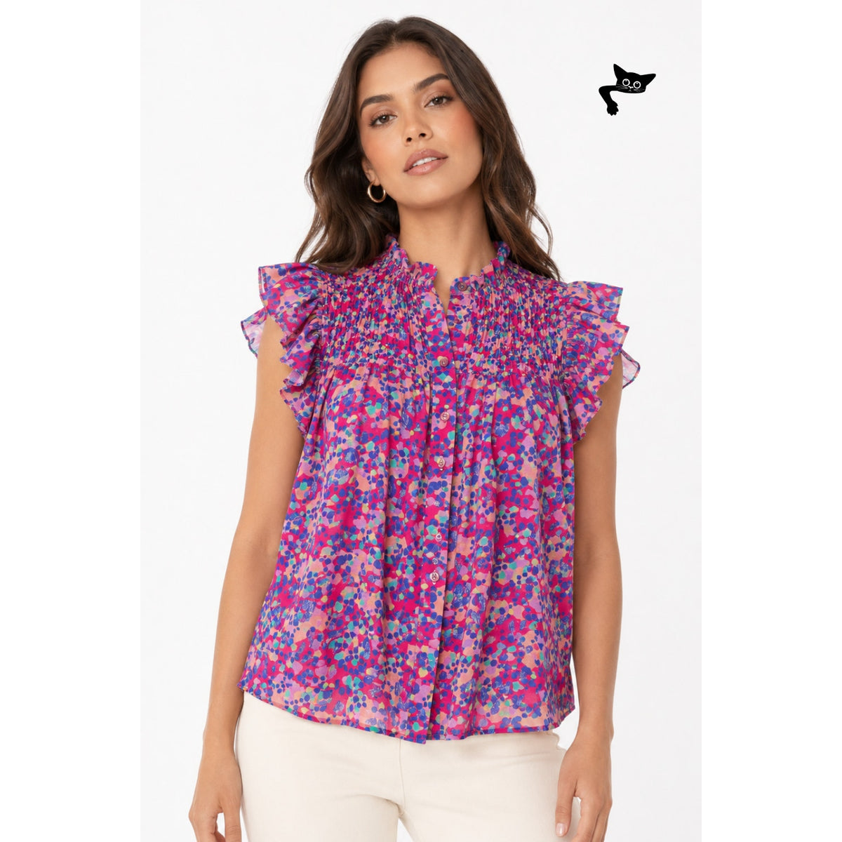 Caballero Evelyn Multi Dot Ruffle Top Women XS Pink